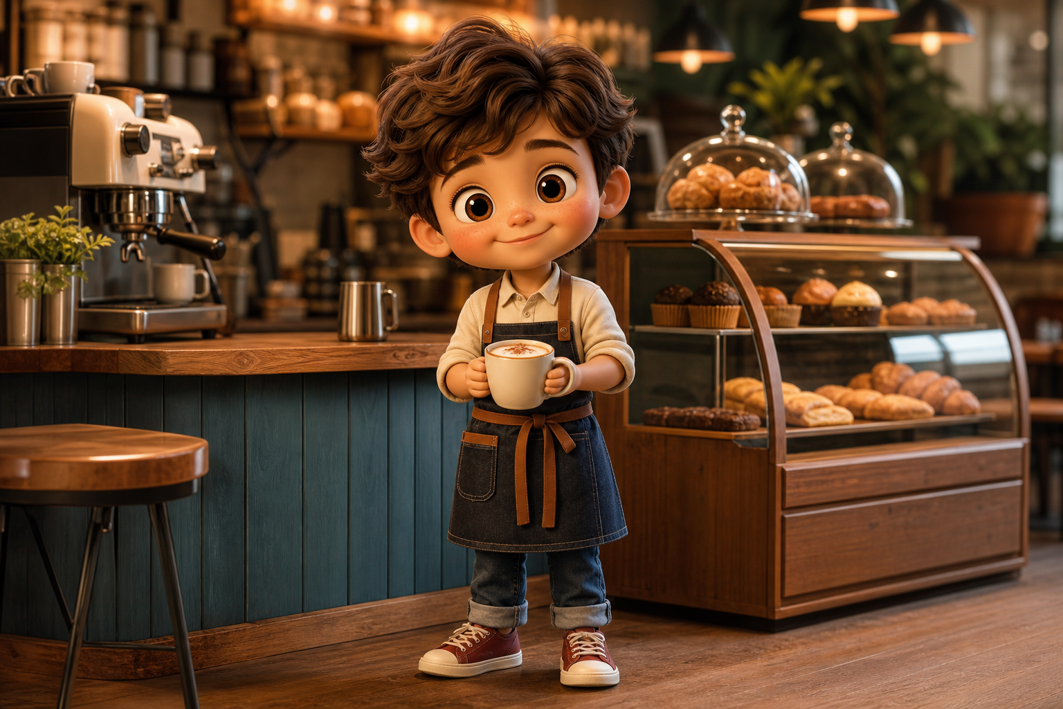 Pint-sized animated cafe owner holding a warm drink at a cafe counter.