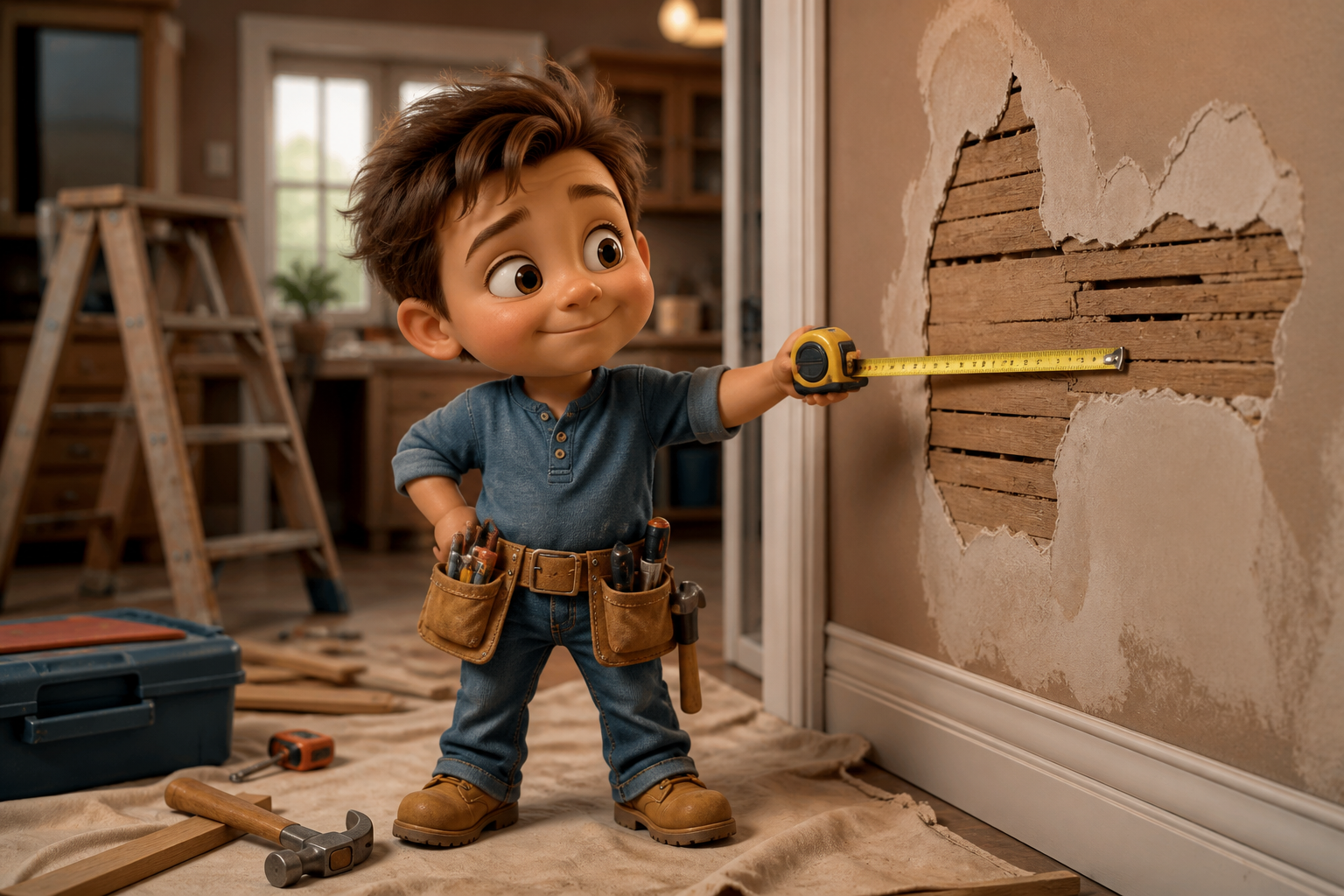 Pint-sized animated contractor with a tool belt studying a home repair project.
