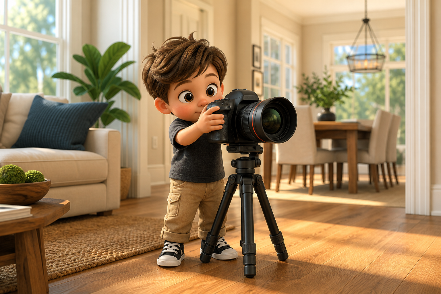 Pint-sized animated real estate photographer with an oversized camera in a home interior.